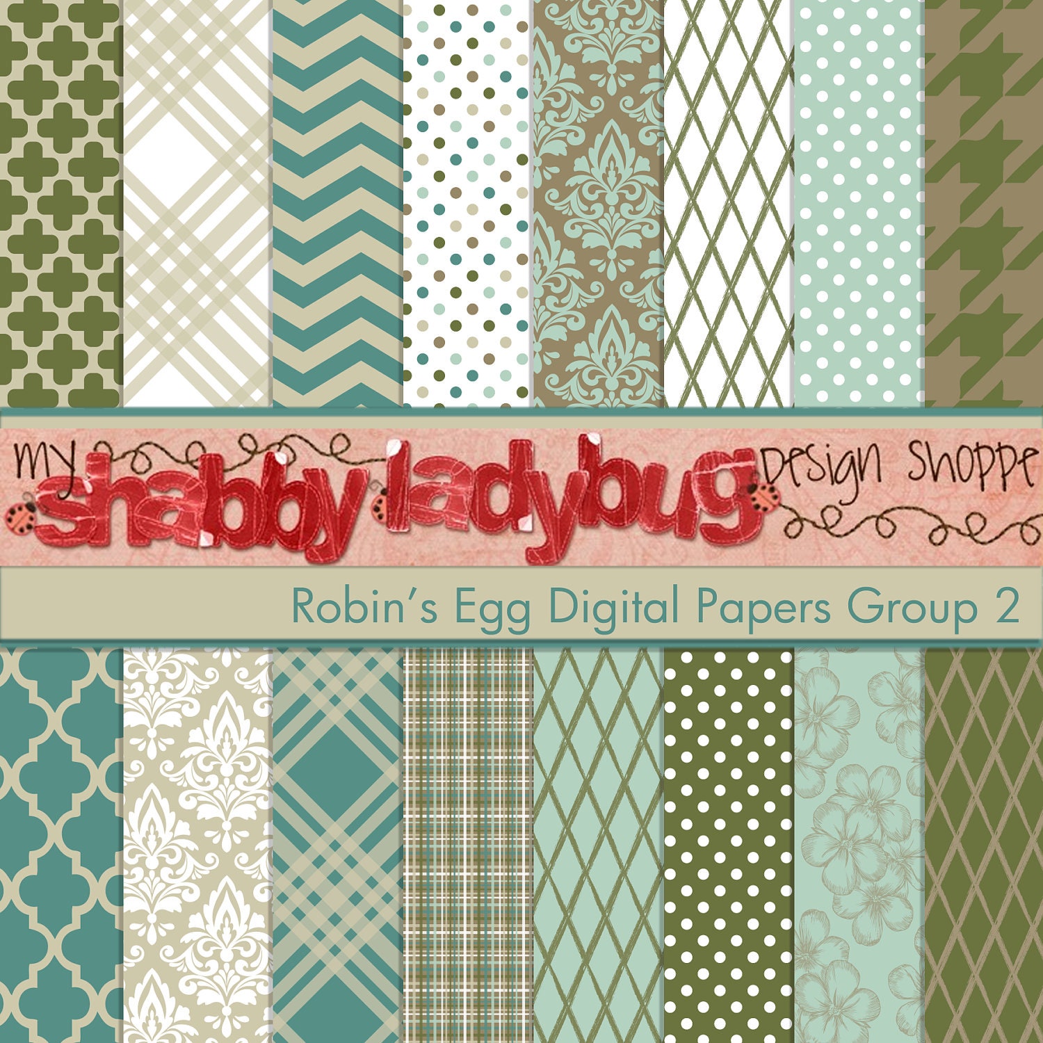 Robin's Egg Digital Paper Collection Group 2: 16 Individual 12x12" 300 dpi digital scrapbook papers