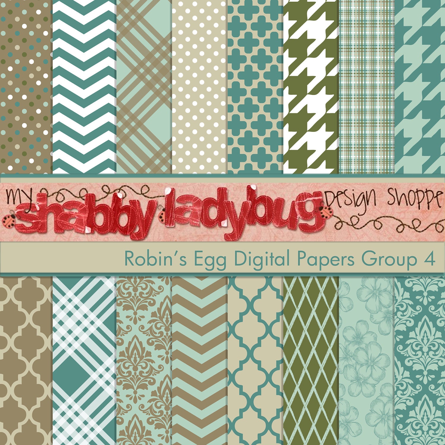 Robin's Egg Digital Paper Collection Group 4: 16 Individual 12x12" 300 dpi digital scrapbook papers