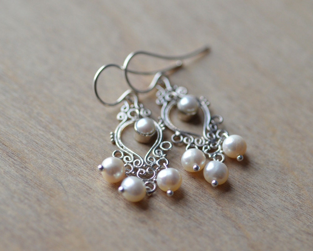 Pearl Earrings Filigree Sterling Silver Fresh Water Pearls Weddings Brides Bridesmaids Graduation Prom Special Occasions Maid of Honor