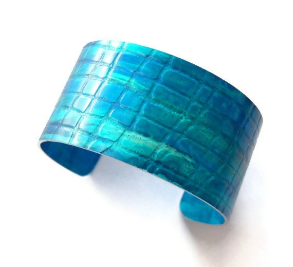 Aluminium cuff bangle, handpainted bracelet, textured, hand painted turquoise blue