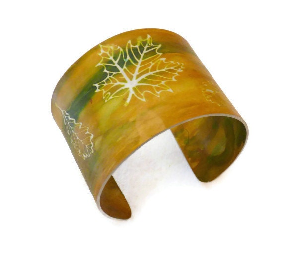 Aluminium cuff bangle handpainted leaf design fall colors, yellow, green gold