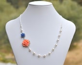 Bridesmaid Necklace. Coral Rose and Navy Lotus Swarovski Pearl Necklace. Wedding Jewelry. Bridal Necklace.