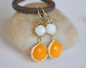 Mustard Yellow Teardrop and White Diamond Stone Dangle Bridesmaid Earrings in Gold.  Glass Drop Earrings. Mustard Dangle Earrings.