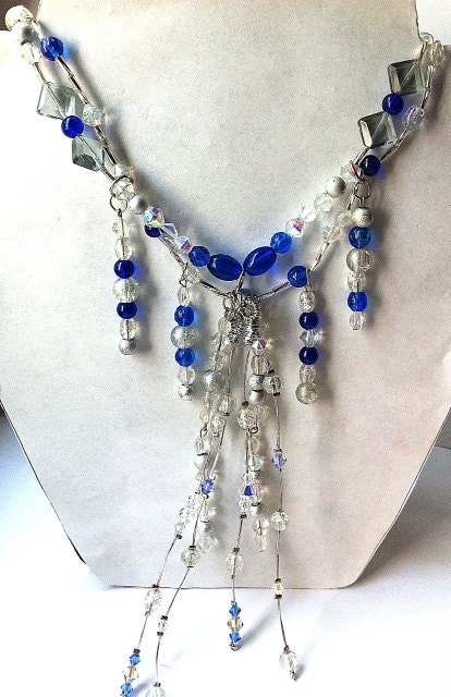 sale blue and silver beaded necklace statement jewelry