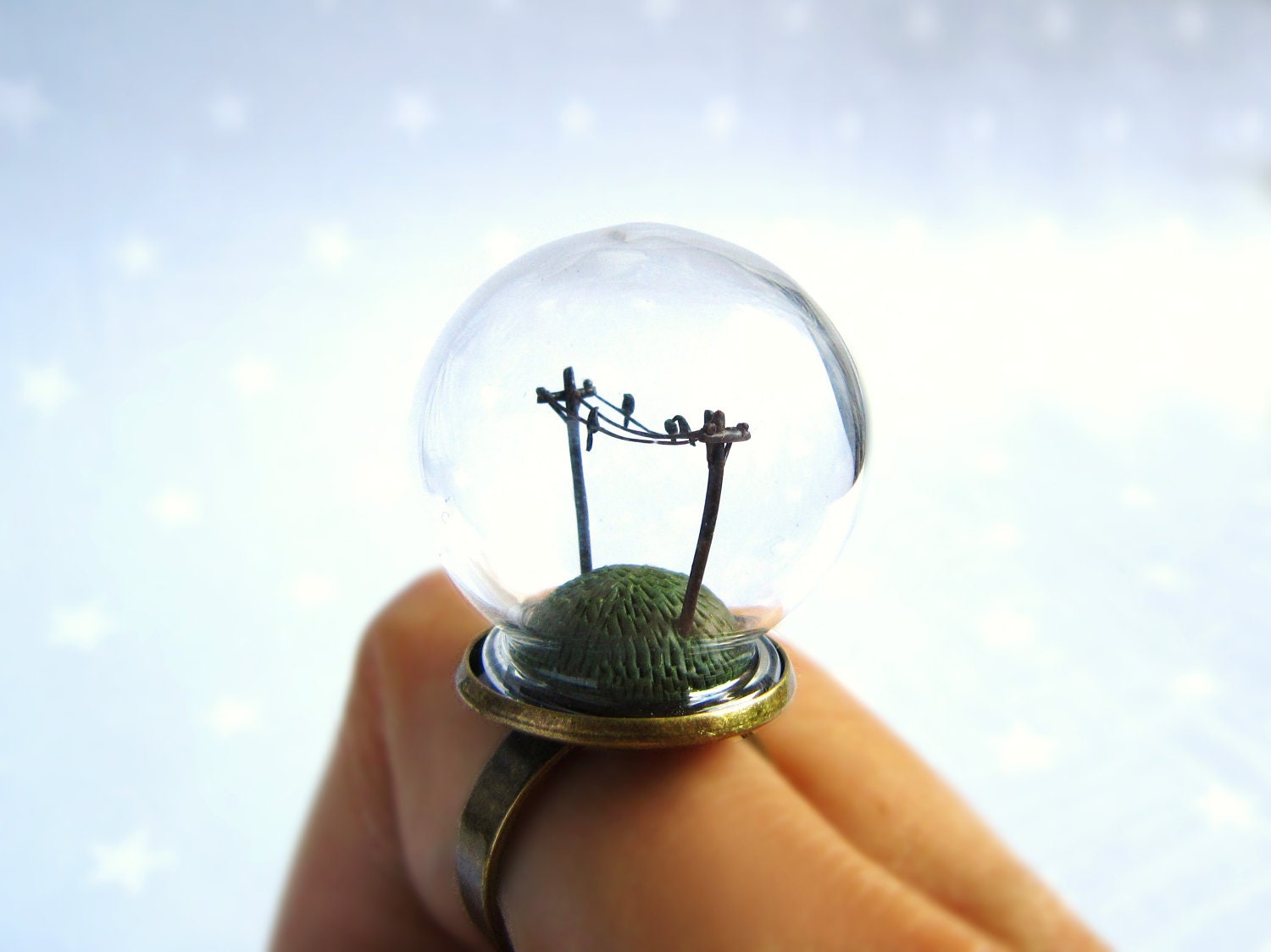 Spring Terrarium Ring Birds on a wire - adjustable ring