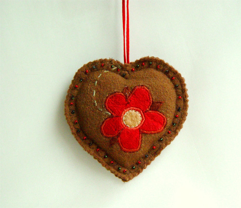 Caramel Heart, Wool Ornament, Quilted Heart, Silk Applique, Wall Art, Love Friendship Heart