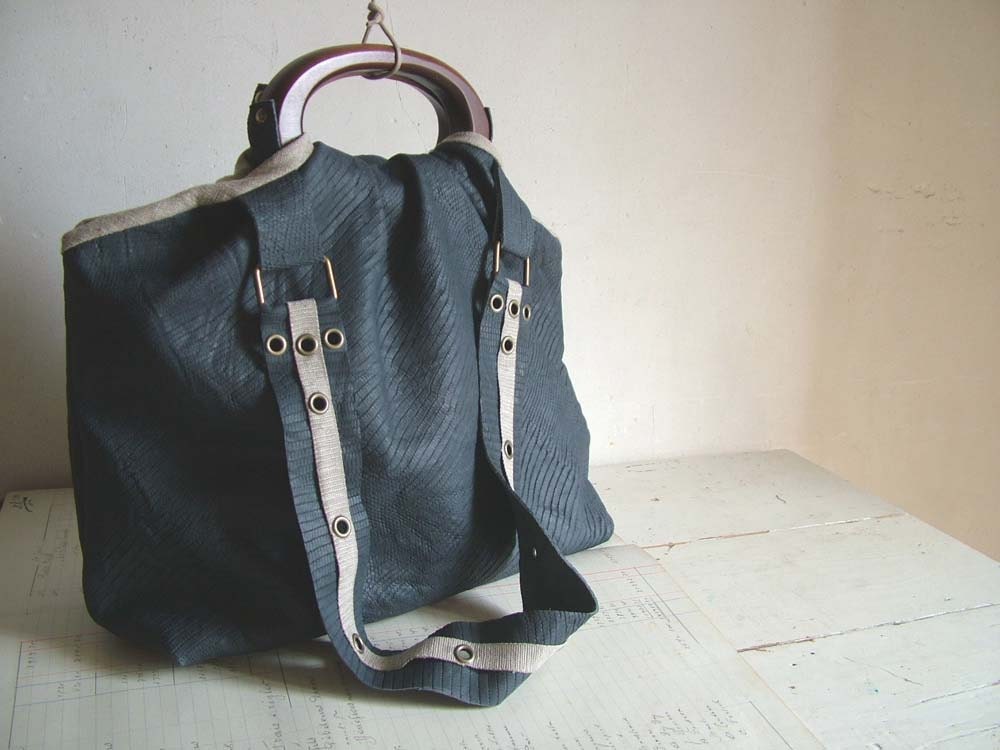 Reserved for Wtafreak -CLEARANCE Leather Tote in Navy Blue with Natural Linen Trimming. Ready to Ship. 50% off original price.