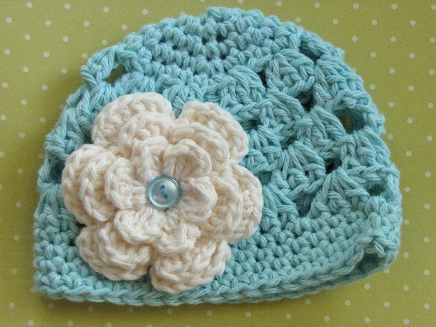 Girls Crochet Beanie Hat, Light Teal with White flower - baby, children, toddler sizes