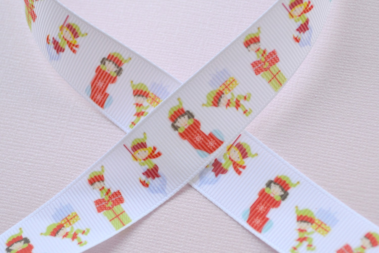 Christmas elves in stockings on white 7/8" grosgrain ribbon Christmas Il_570xn