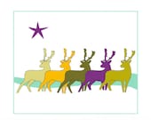 Art Illustration A4 Print Green Purple Deer Stylised Modern Art Winter Scene Animal Artwork