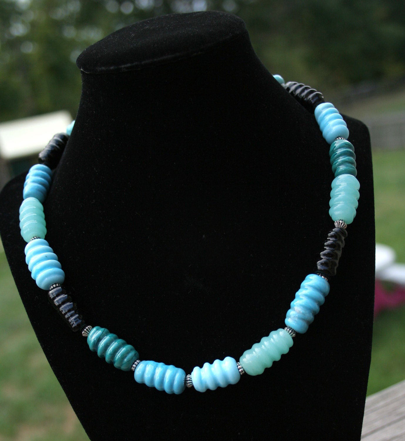 Single Strand Fall Aqua/Turquoise/Teal/Black  Lampworking Beaded Necklace