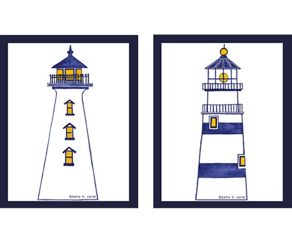 Nautical Nursery Art - Lighthouses - Set of Two (8" X 10") - Bathroom Art - Kitchen Art - Pool House