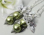Set Of Two Green  Silver Peas In A Pod Necklaces - Hand Stamped Leaves Choose Your Color Pearls. Best Friend