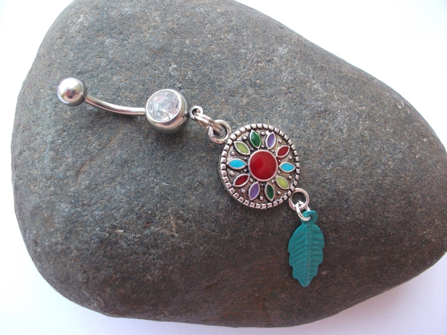 Teal Feather Navajo Belly Ring 14 Gauge