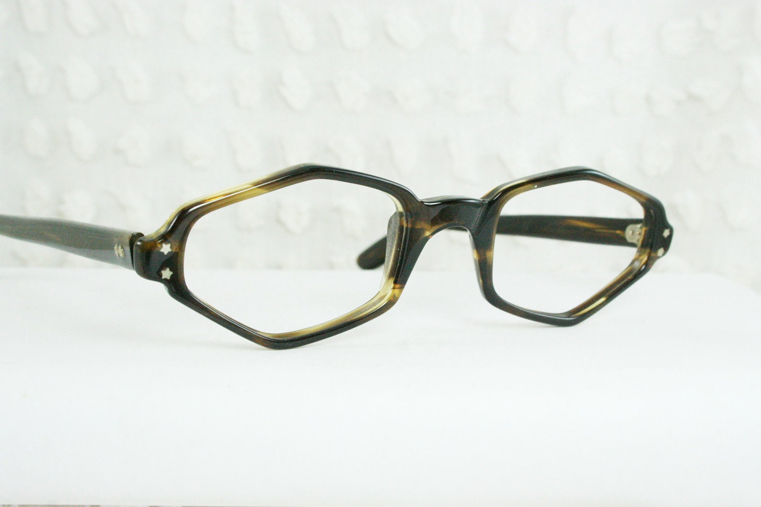 Vintage 60s Glasses 1960's Mod Eyeglasses Diamond Geometric Tortoise Stripe Horn Rim Brown Large 48/22 Frame by Swan Optical