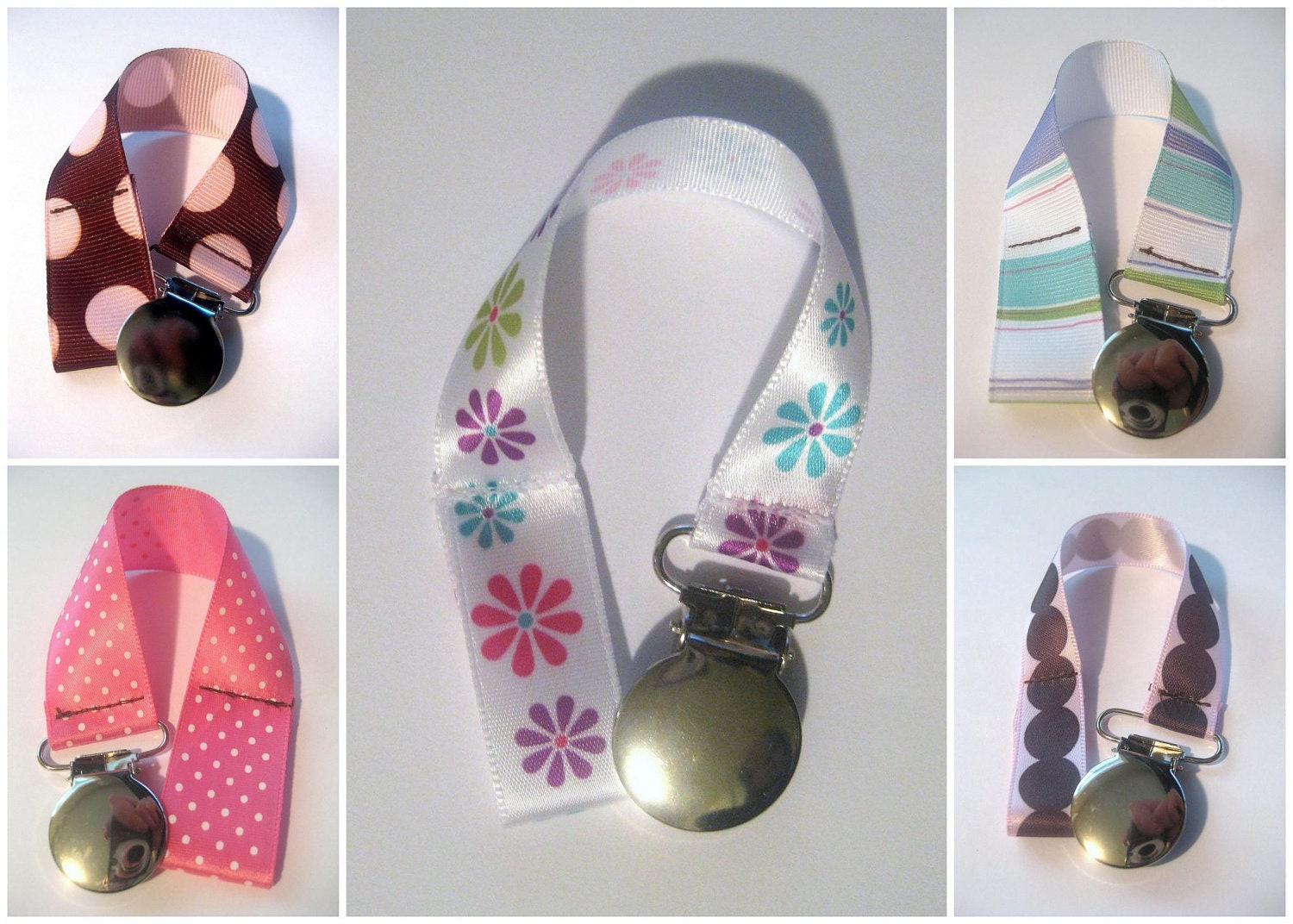 GIRL Grosgrain Ribbon PACIFIER CLIP Soother Universal, Toy Leash Strap, Pink Dots Flowers Stripes