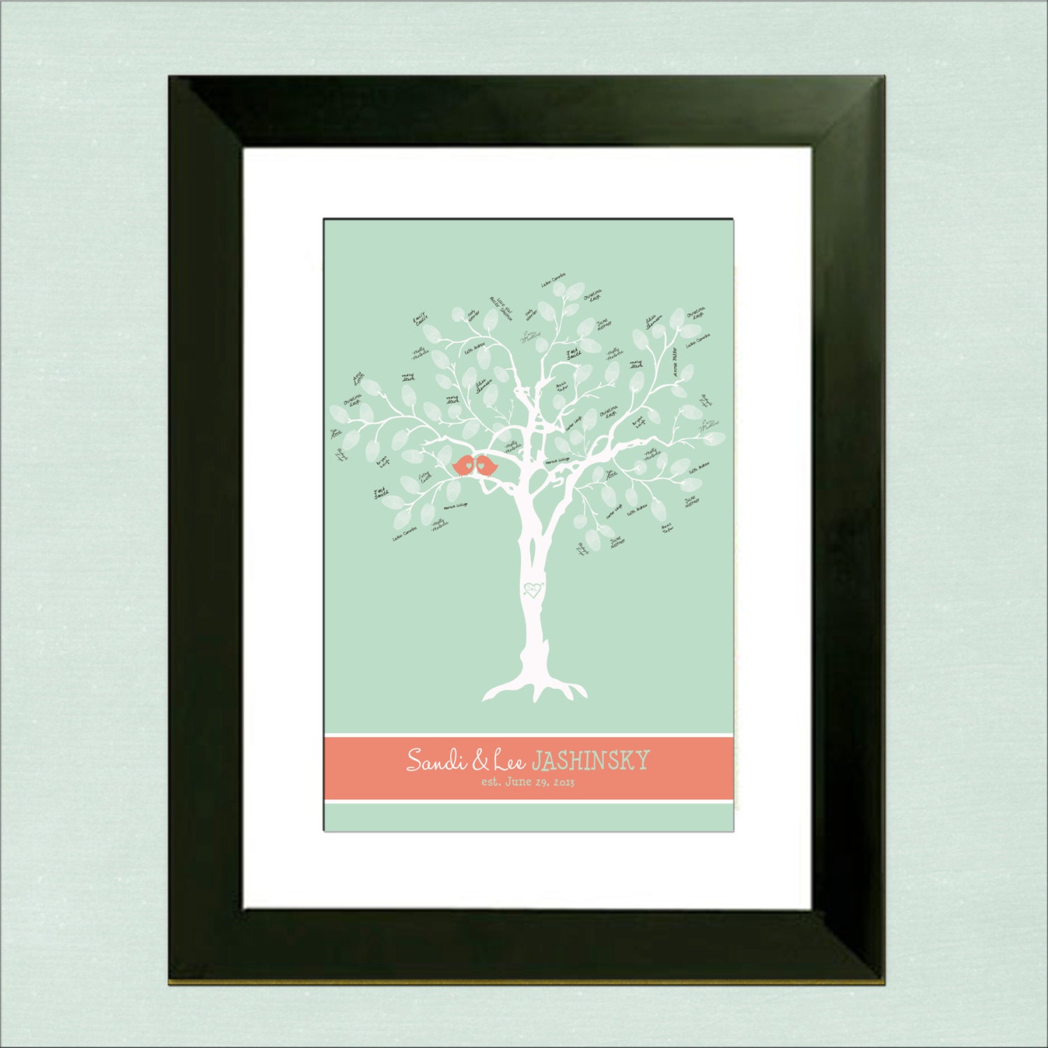 Wedding Thumbprint Tree Guest Book,  Custom Love Birds - 16" x 24" - Mint Green and Coral