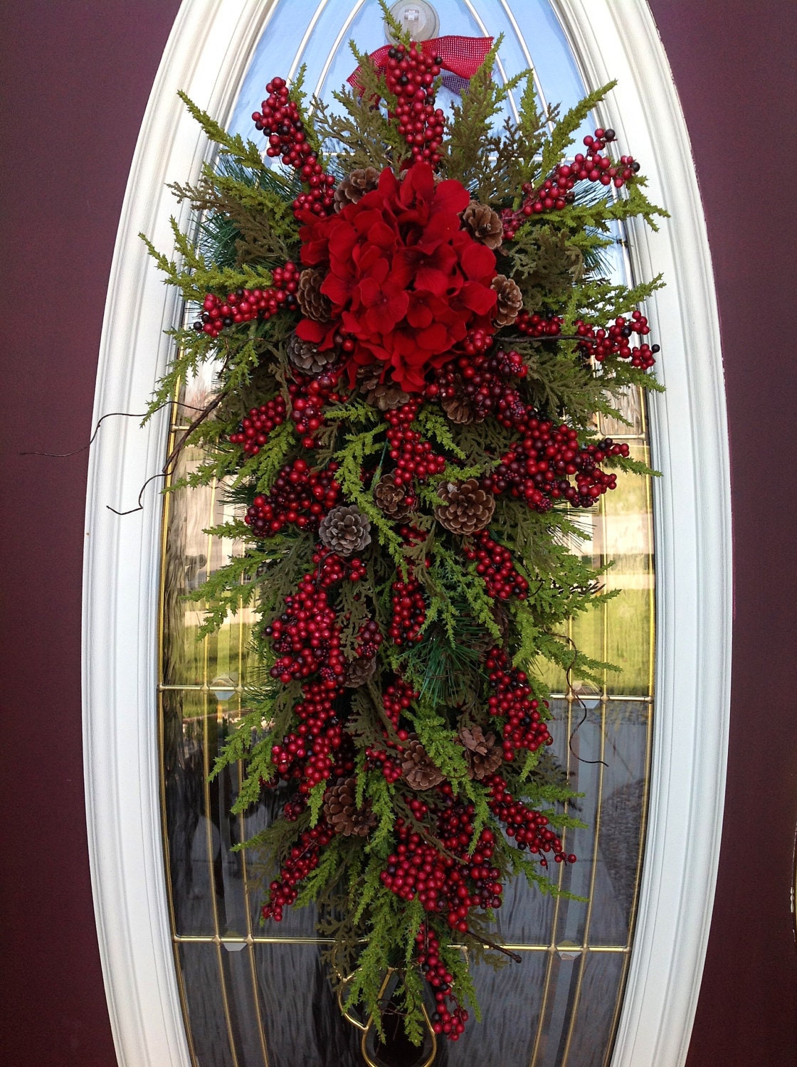 Christmas Wreath Winter Wreath Holiday Vertical Teardrop Swag Door Decor.."Seasons Greetings" Red w/ Red - AnExtraordinaryGift