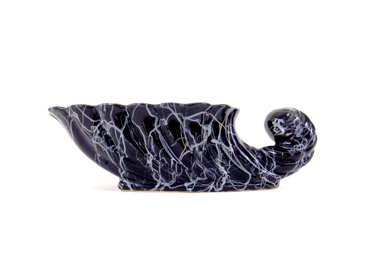 Planter Mid Century Modern Antique Ceramic Black and White Cornucopia  Planter