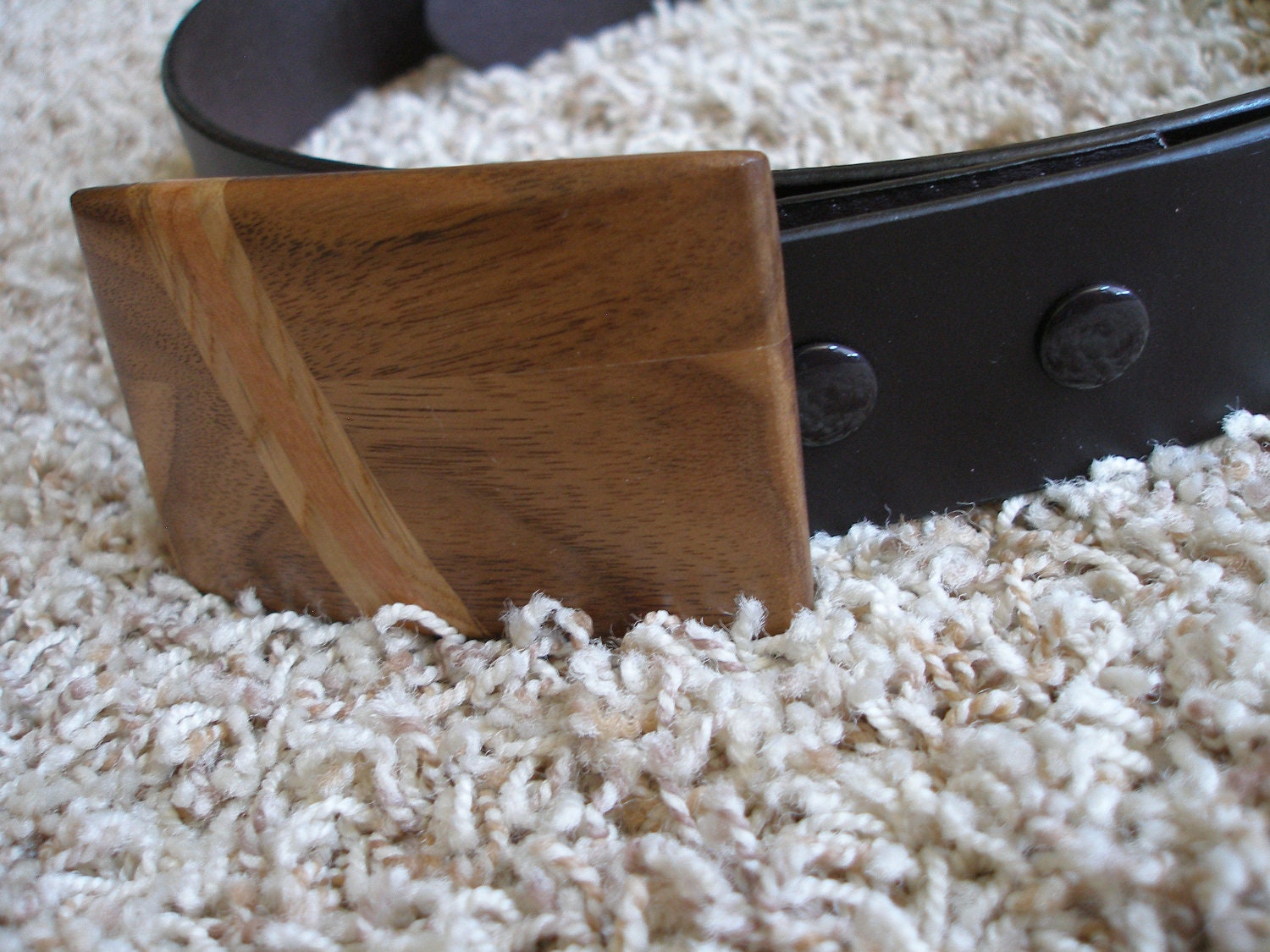 Hand Crafted Natural Walnut Wood Belt Buckle with Diagonal White Oak and Mahogany Inlays Great Unique Gift Idea