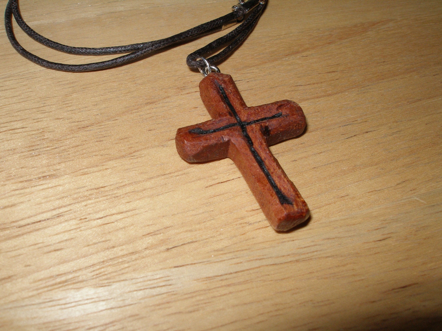 Hand Carved Mahogany Rugged Cross Pendant Necklace..Great Valentines Gift Idea..Rustic Wedding