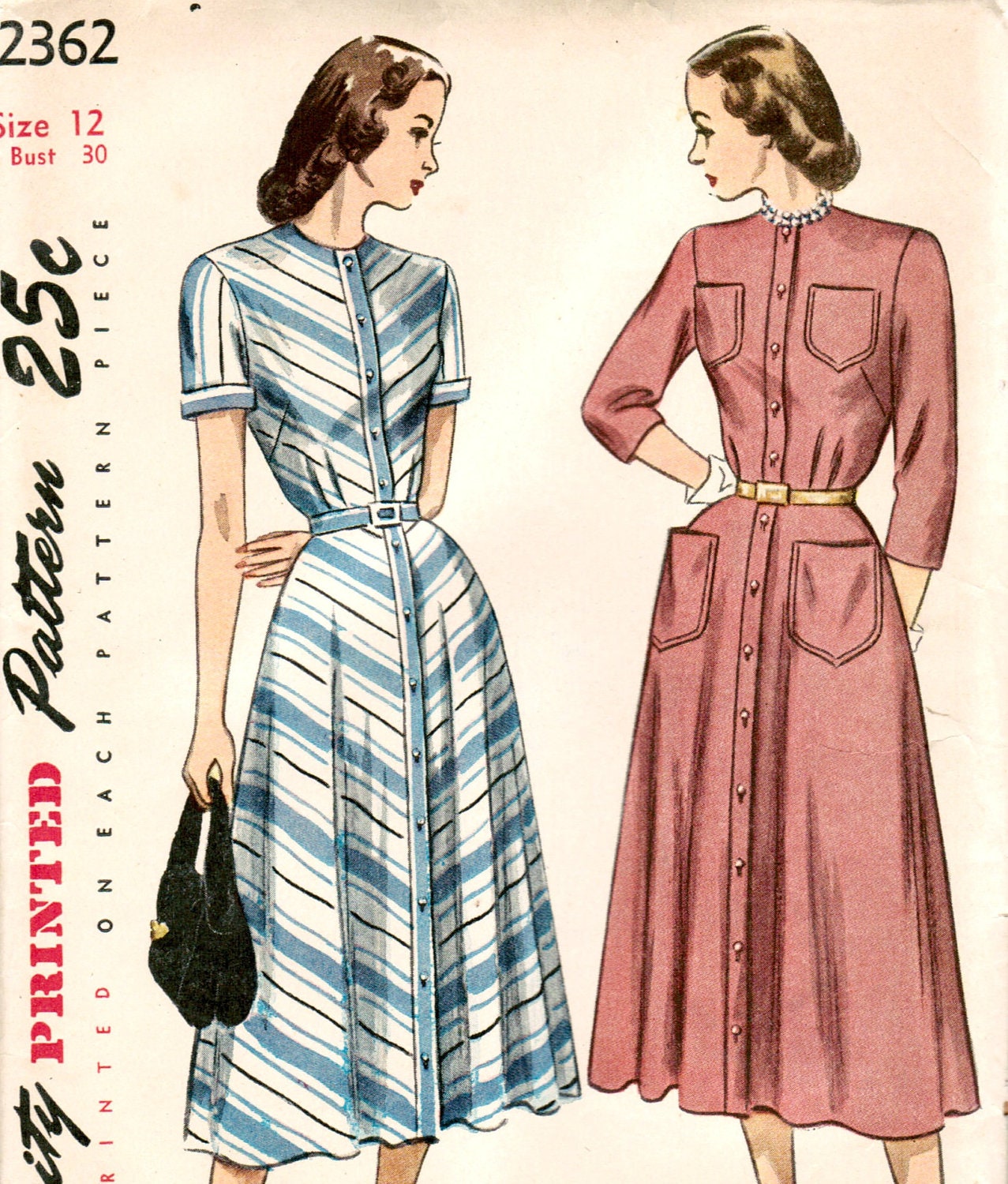 Vintage 40s dress pattern with a line skirt and short or long sleeves Bust 30