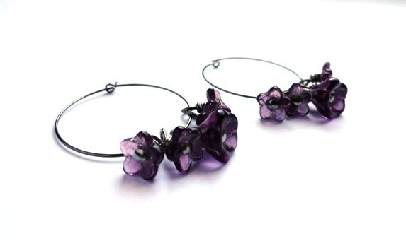 Purple hoop earrings - dark violet, amethyst glass flower clusters - loop circle jewelry Fall gift for her