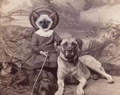 Dog and Cat Art, Mixed Media Collage Print, Family, Altered Antique Portrait of a Kitty Girl and her Dogs