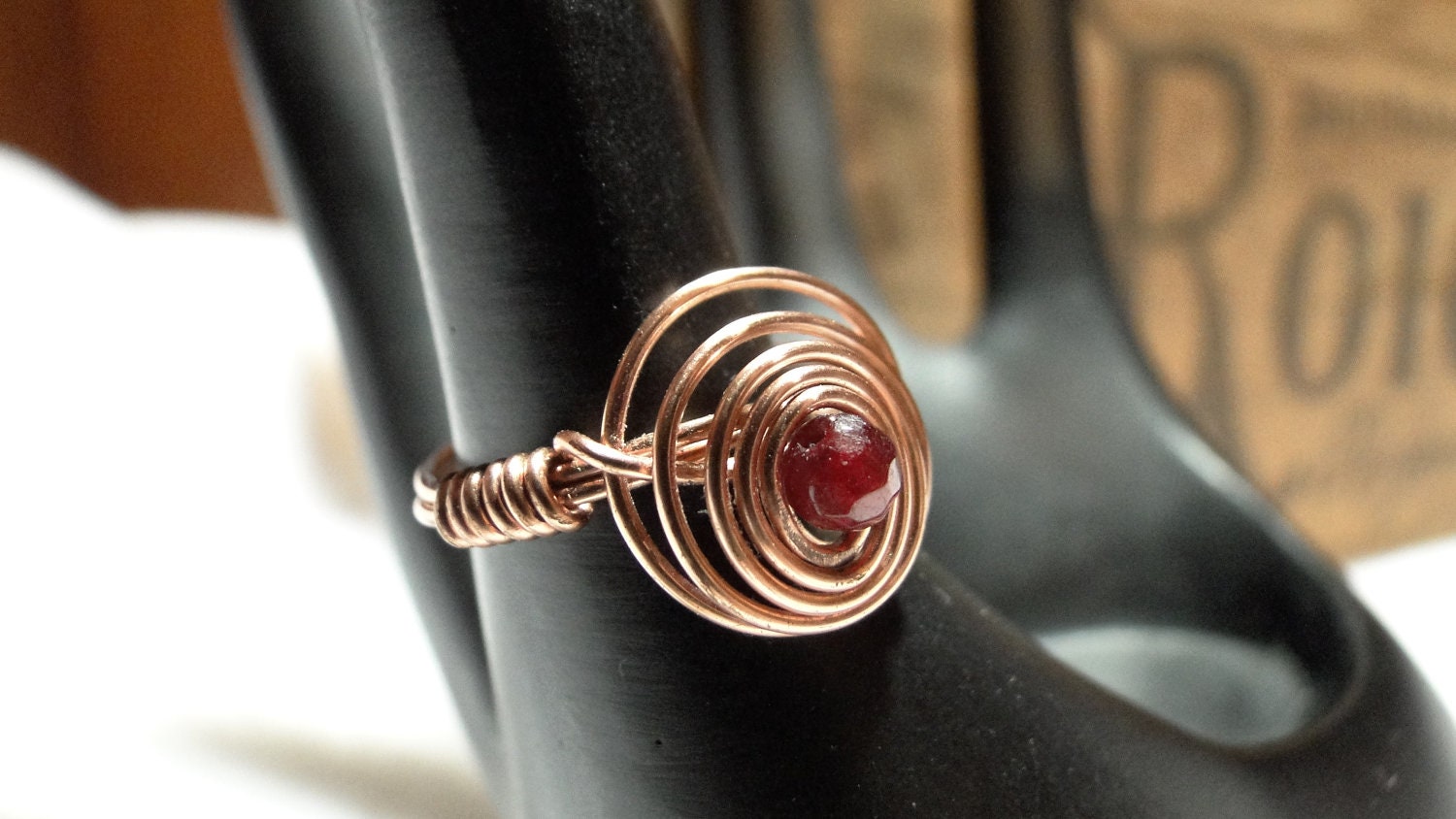Handmade Boho Copper Spiral Wire Wrapped Ring with Faceted Garnet Center Stone Bead.  Size 6