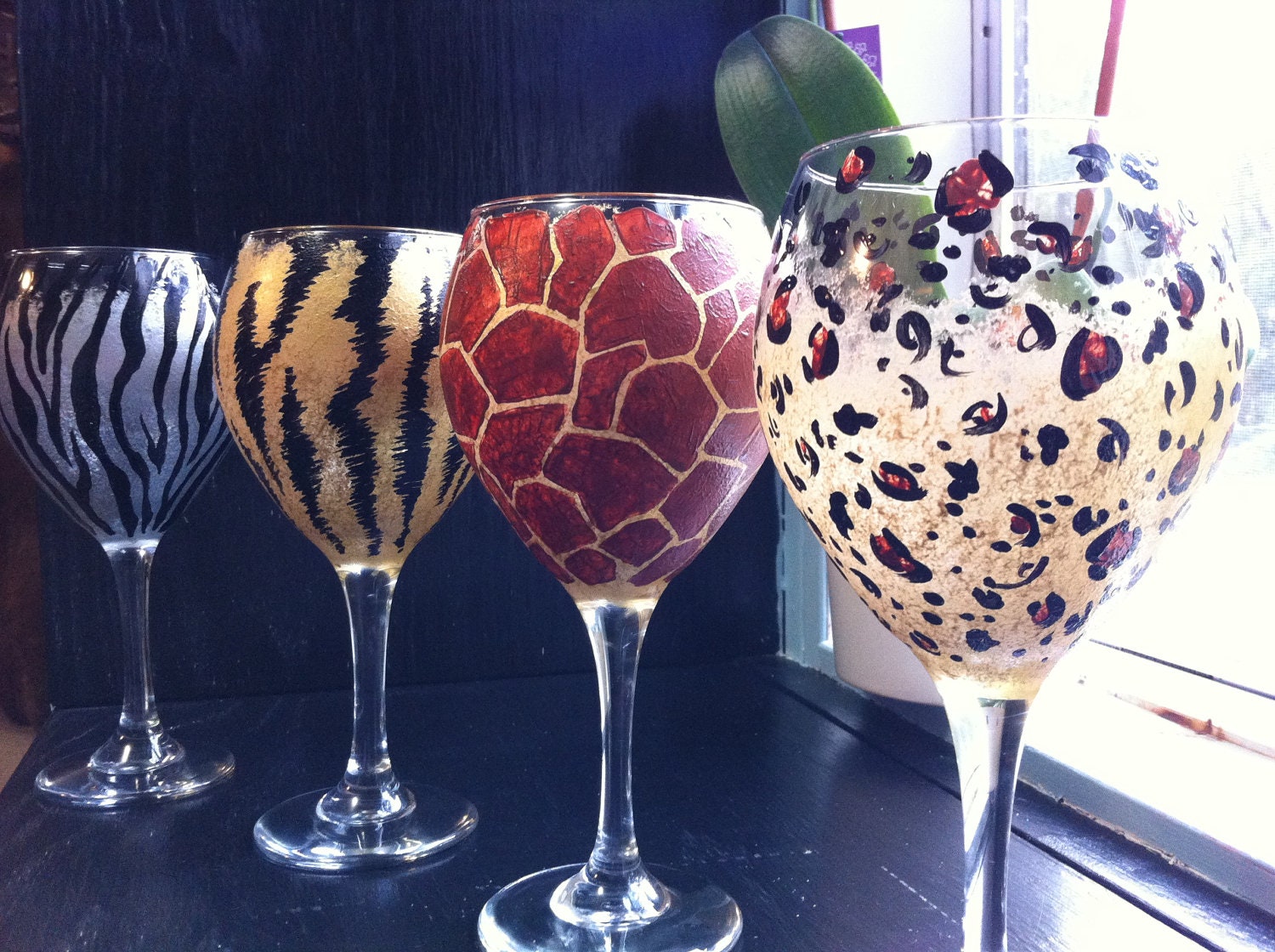 Set of 4 Hand Painted Animal Print Wine Glasses