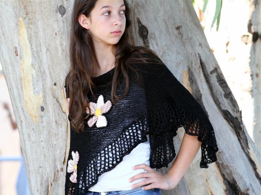 Spring Scarf Rustic black knitting Wrap Shawl With Fabric flowers applications