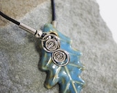 Blue Ceramic Oak Leaf Charmed Pendant