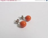 10% OFF Coral Ear Studs - 8mm Swarovski Coral Pearl Post Earrings - Simple Pearl Stud Earrings
