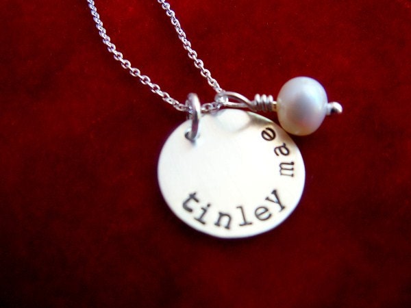 Mommy Necklace with Kids Name Hand Stamped Sterling Silver 5/8" Disc
