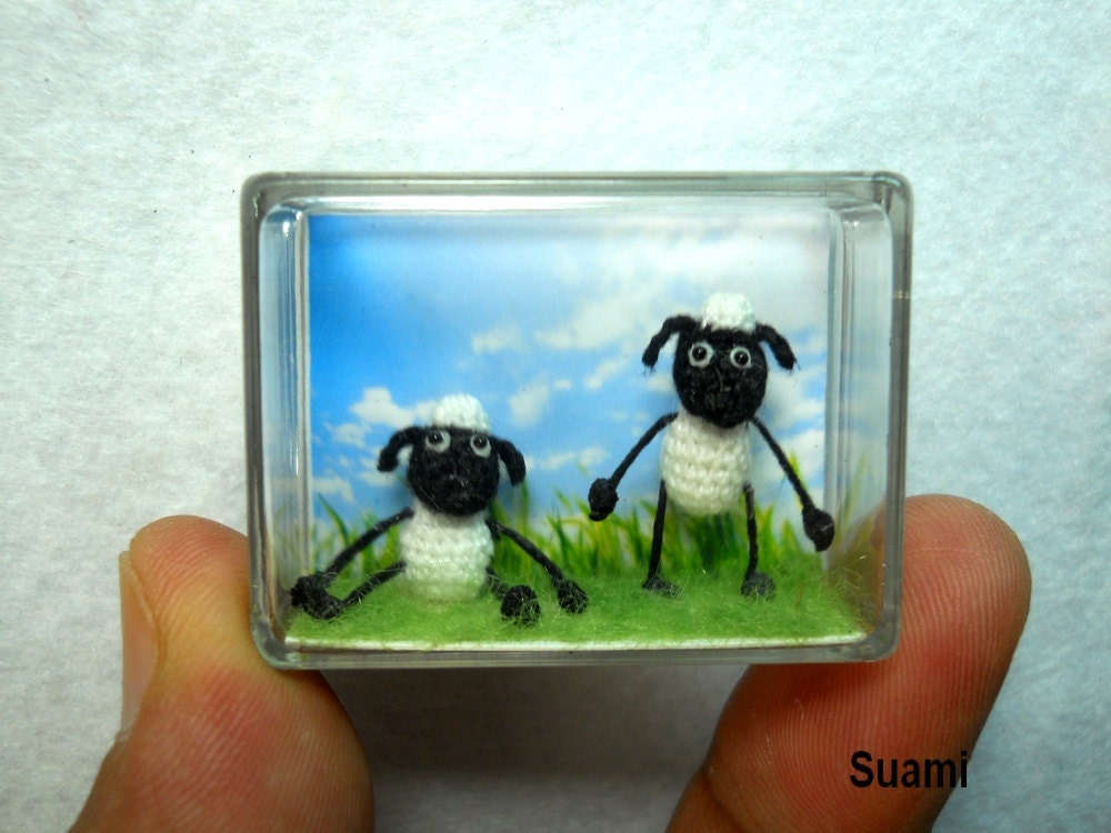 Twin Funny Sheep - Mini Tiny Amigurumi Crochet Miniature Doll Shaun The Sheep - Set of Two Cute Sheep - Made to Order