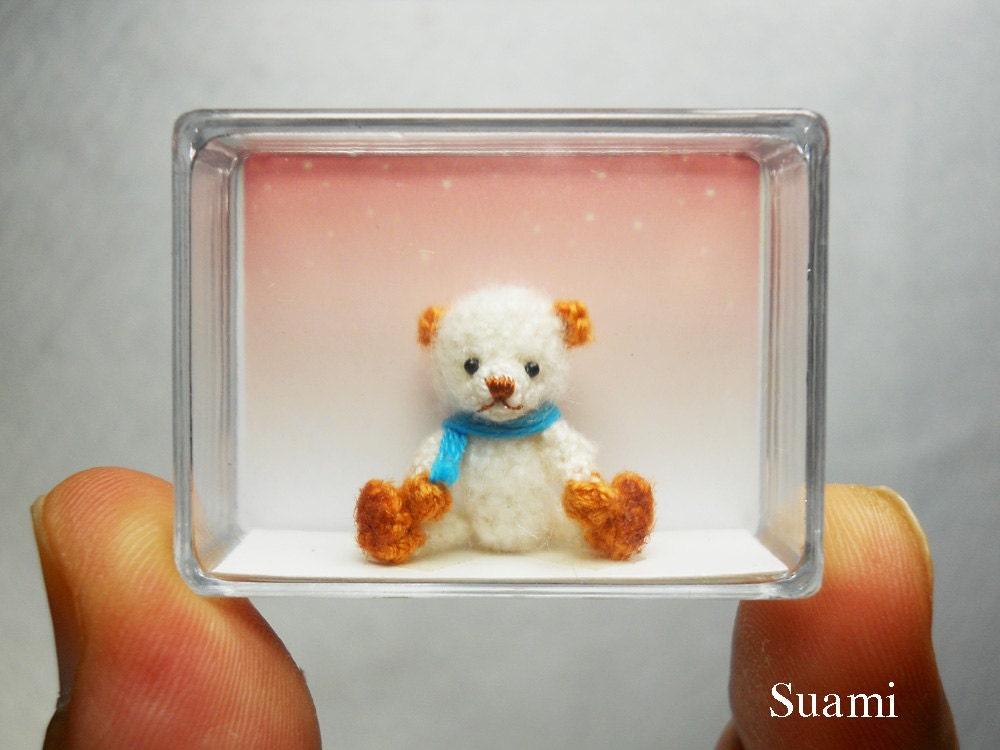 Cute White Bear Blue Bow - Micro Thread Artist Crochet Miniature Mohair Bear - Made To Order