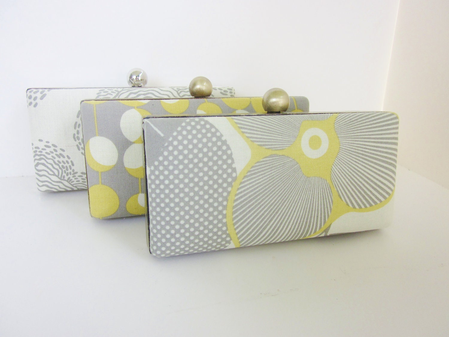 Bridesmaid Clutch set of 3, grey bridesmaid clutch set in gray and yellow, wedding accessories
