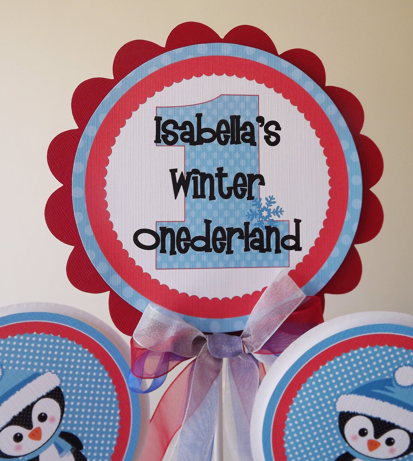 Blue and Red Penguin Winter ONEderland Collection: 3 Piece Centerpiece Table Decoration Il_570xn