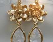 Clear Crystal Earrings Gold Lotus Blossoms-Bridal-Bridesmaid-Wedding Jewelry