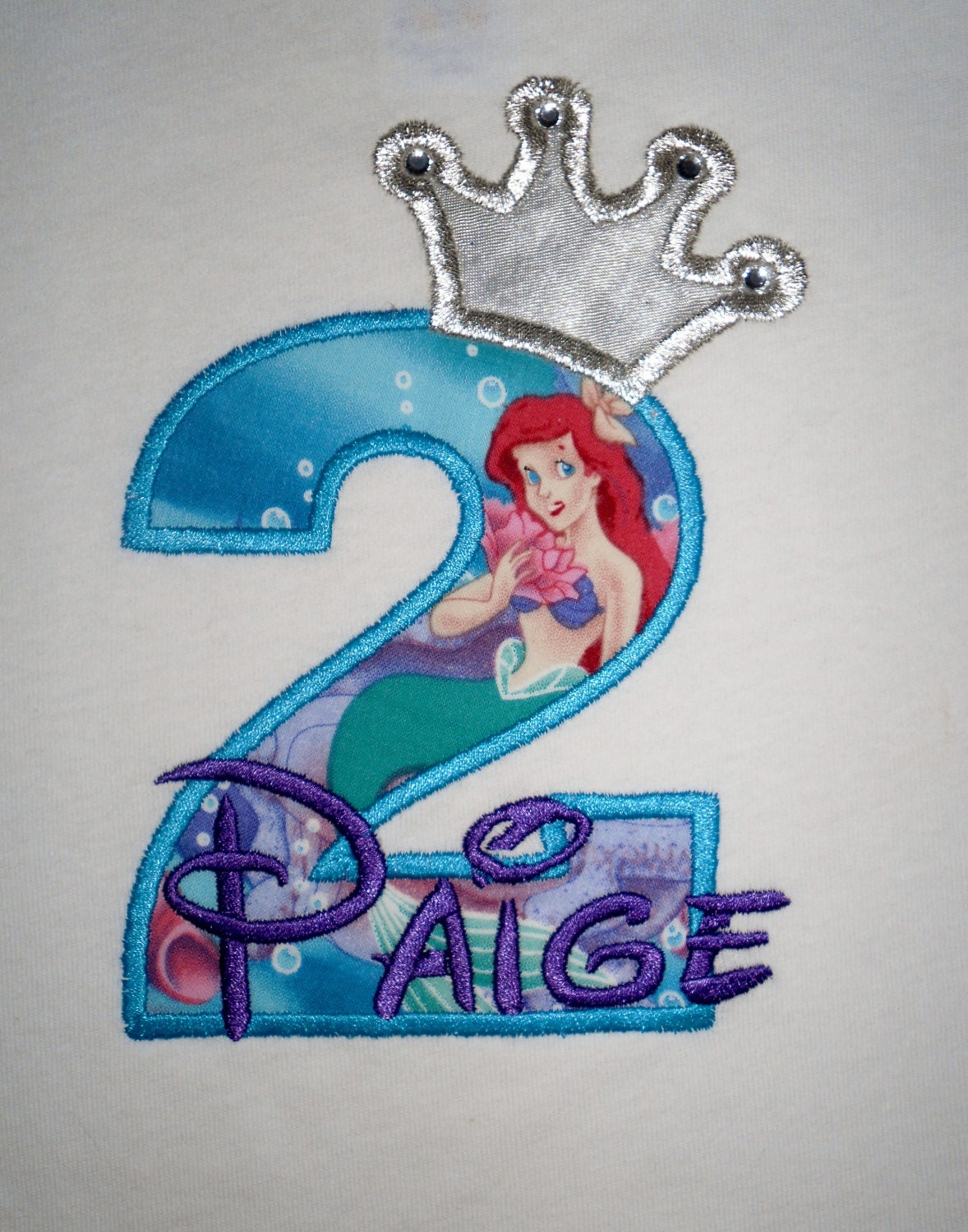 Design your own Birthday Number Princess Ariel - Little Mermaid character with crown and crystals applique t-shirt  - Personalized free