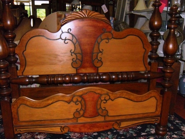 Antique Walnut and Maple Headboard and Footboard Four Poster Bed