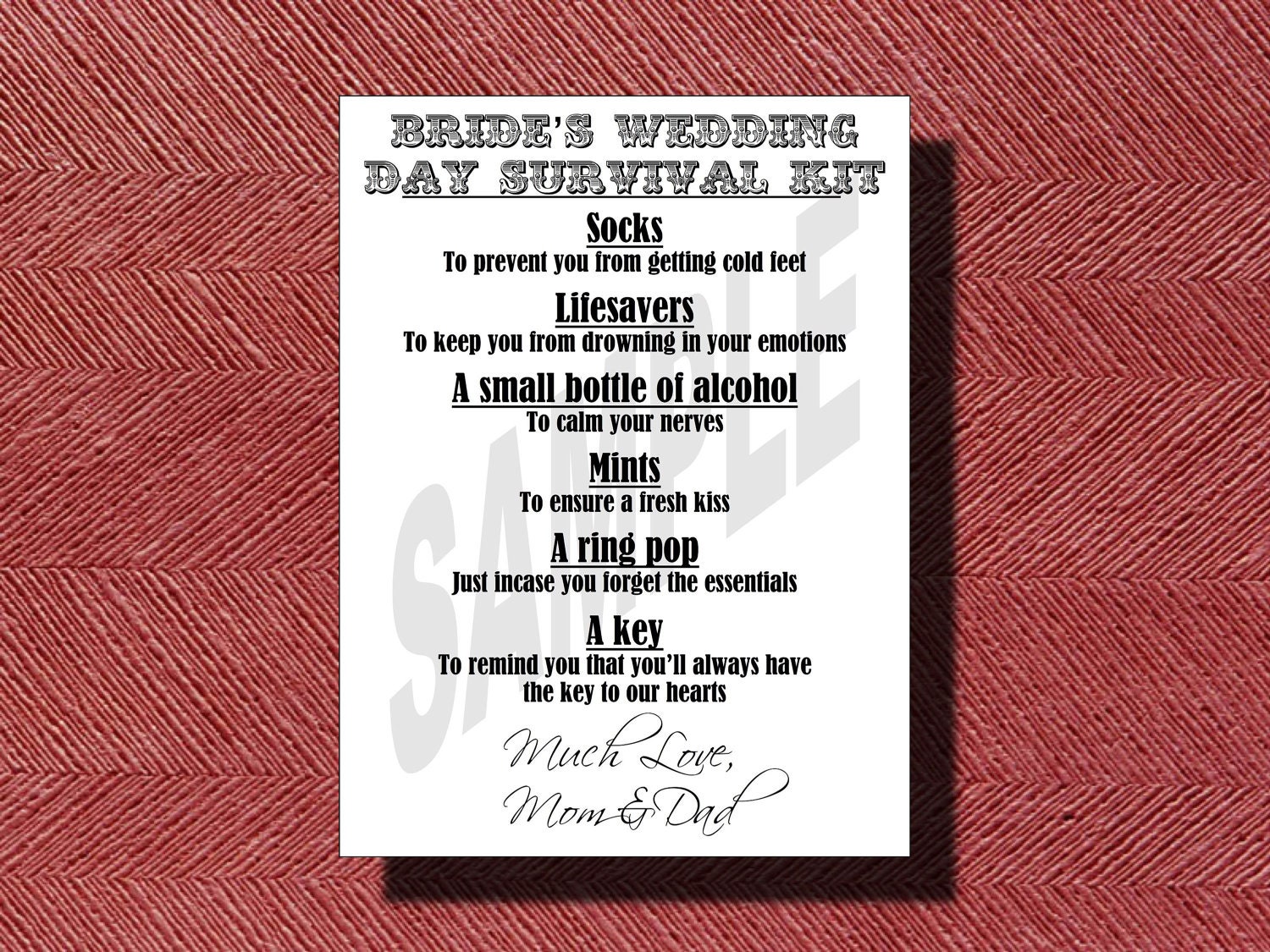 Wedding Day Bride's Survival Kit Card