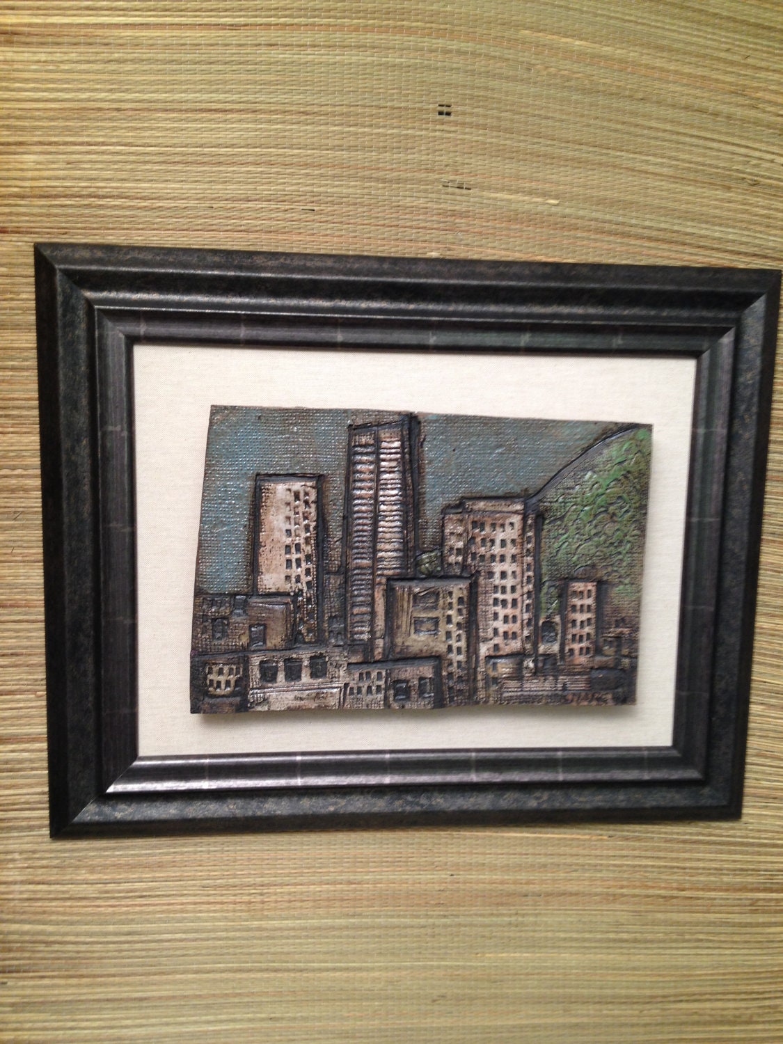 Signed Original Art Pottery CityScape Wall Sculpture Framed Mid-Century Modern