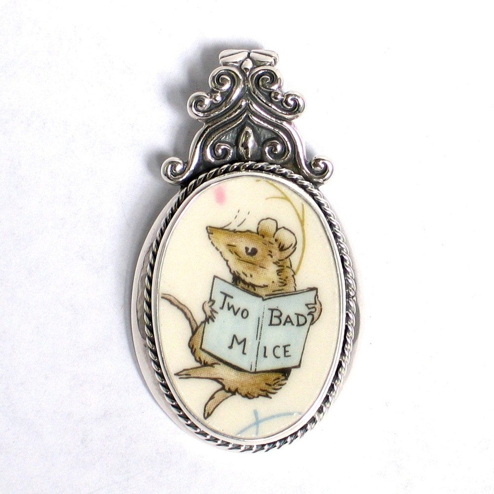 Broken China Jewelry - Wedgwood Beatrix Potter Peter Rabbit Two Bad Mice Mouse - Sterlng Pendant