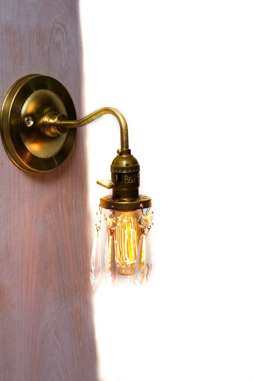 Brass Arm Open Crystal Shade Bare Bulb Vintage Style Paddle Key Socket Wall Sconce
