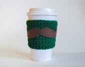 Green Mustache Cozy - Forest Green Cup Cozy - Brown Mustache Coffee Sleeve