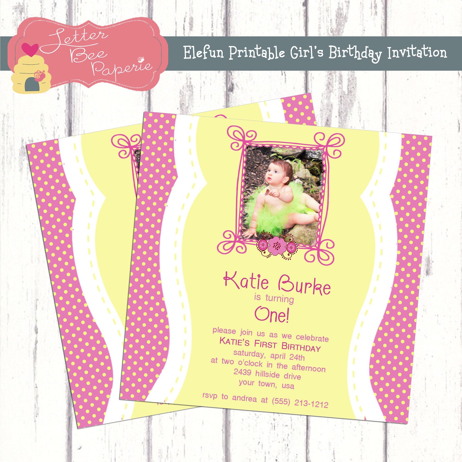 Elephant Theme Custom Girl's Photo Birthday Party Invitation - Choose your Colors - Printable Digital File Il_570xn