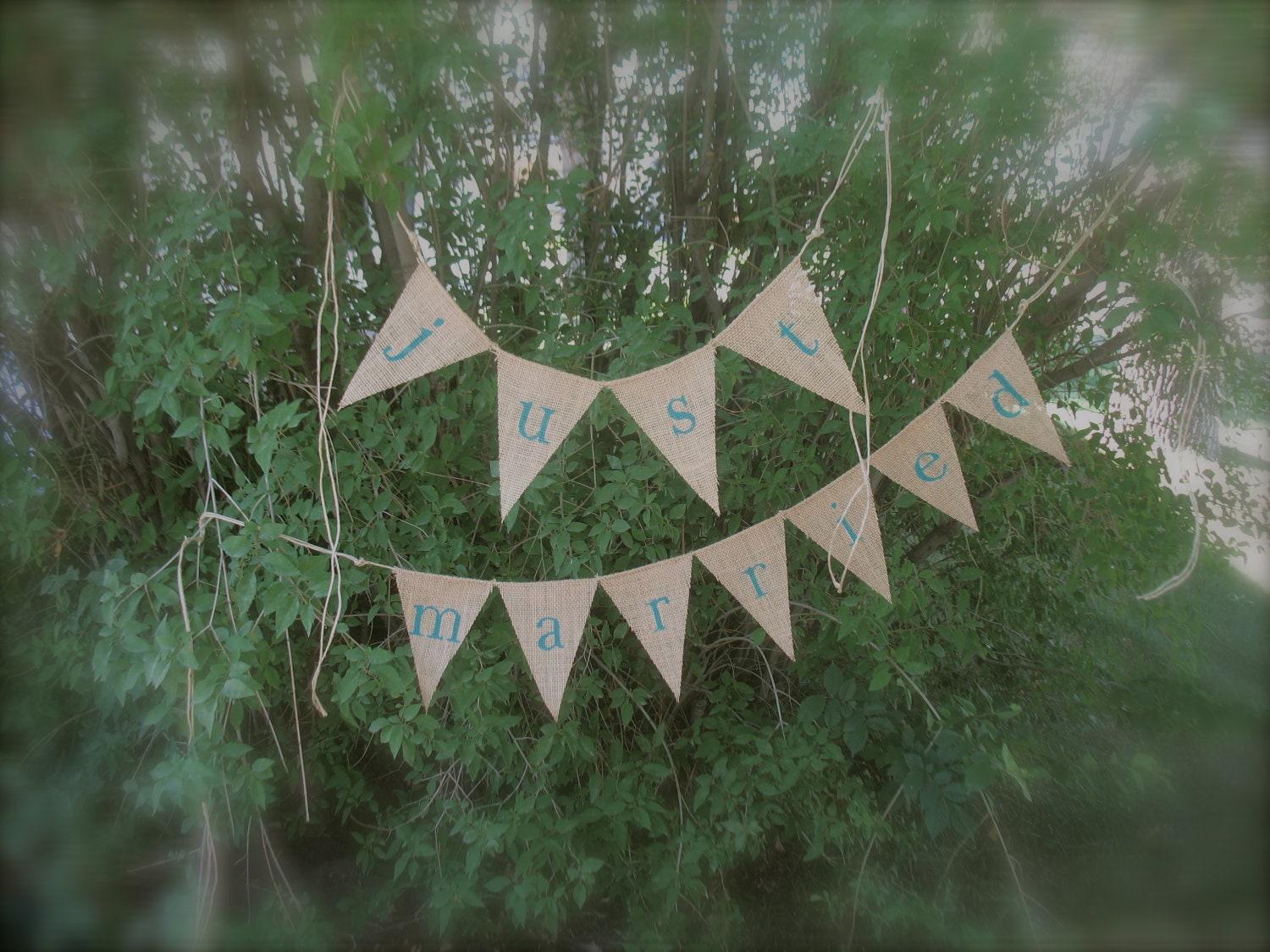 Just Married Burlap Banners, lowercase lettering, Wedding Celebration Decoration