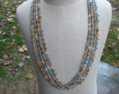 Vintage Glass Beaded and Wood Aqua Blue Clear Green 1960s 1970s Long Necklace Multi Strand Four Strand