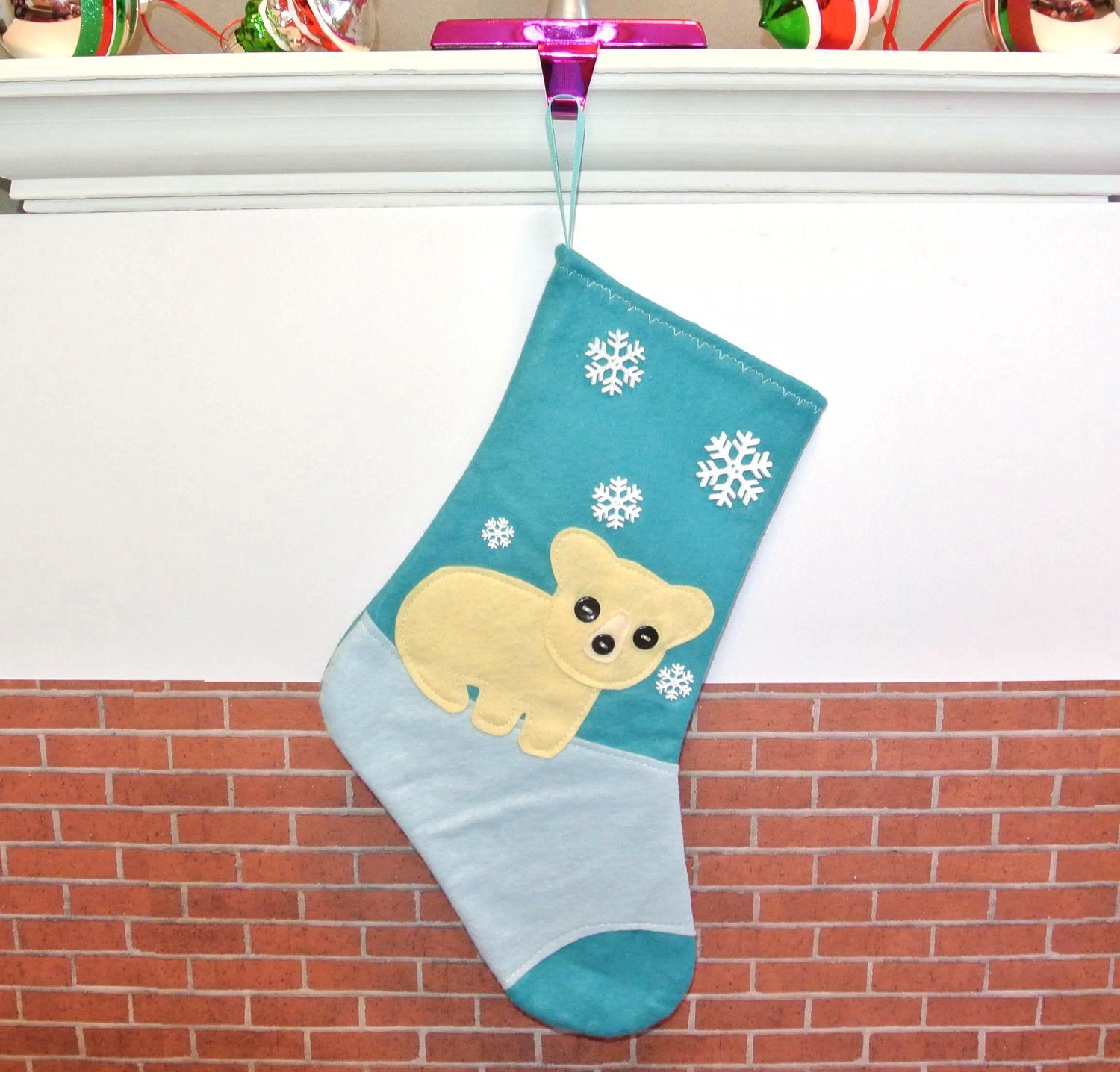 Polar Bear Christmas Stocking in Peacock Blue by Allenbrite Studio
